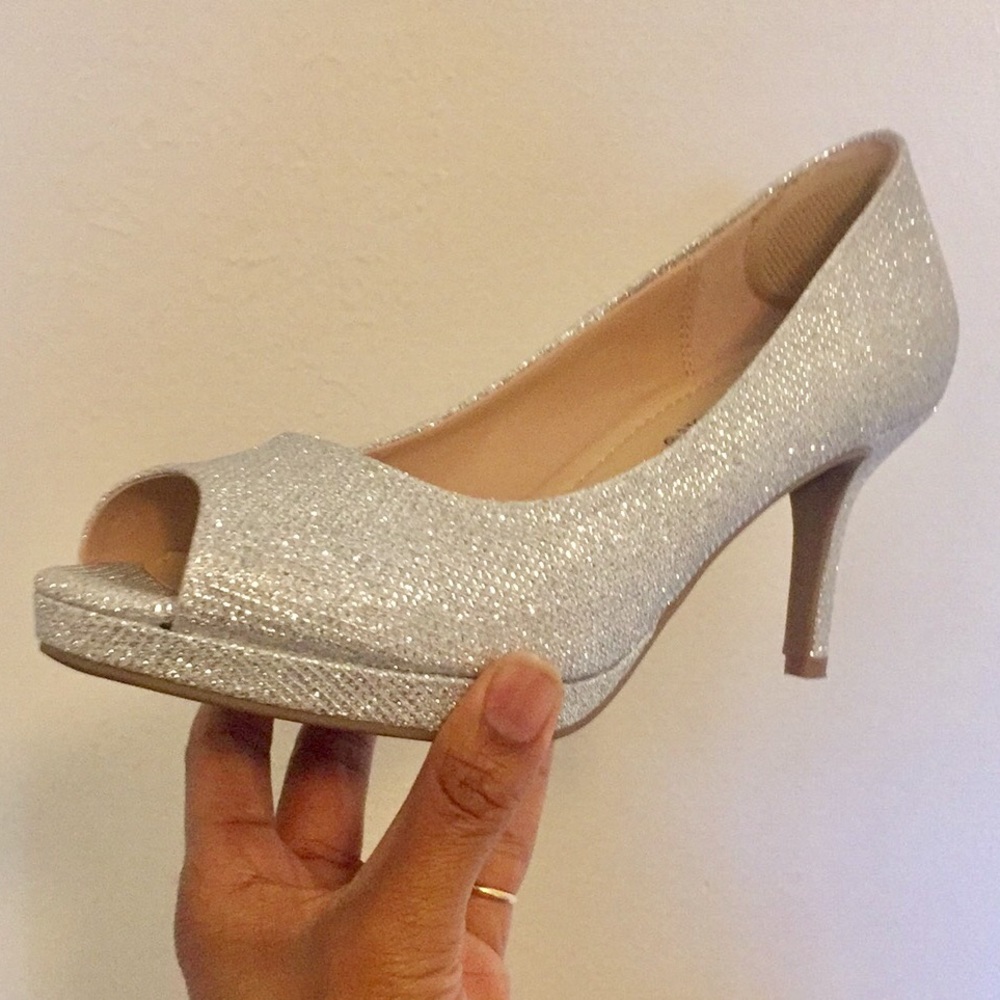 Silver Sparkle 2 inch open toed heels.